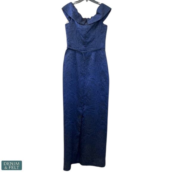 Teri Jon Rickie Freeman Navy Off Shoulder Jacquard Gown Formal Dress 6 Wedding - Picture 10 of 15